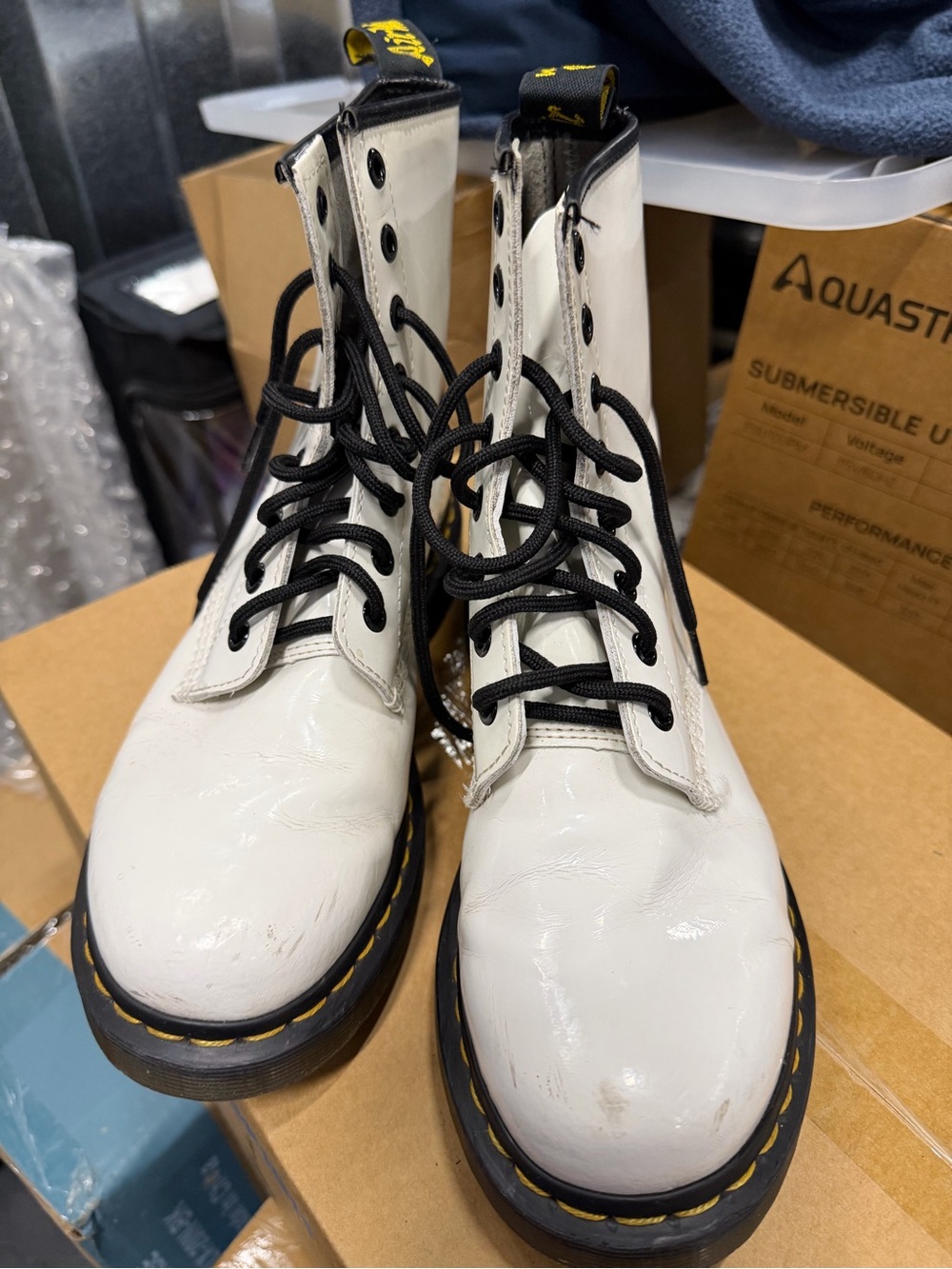 Dr. Martens White Lace-Up Boots with Black Laces and Yellow Stitching
